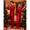 image:imageSWOMOG Couples Satin Pajamas Set 2PCS Pjs Sets Long Sleeve amp Pants Sleepwear Button Down Loungewear with PocketZ  Double Piping  Scarlet Red