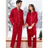 image:imageSWOMOG Couples Satin Pajamas Set 2PCS Pjs Sets Long Sleeve amp Pants Sleepwear Button Down Loungewear with PocketZ  Double Piping  Scarlet Red