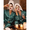 image:imageSWOMOG Womens Silk Satin Pajamas Set Long Sleeve Button Down Sleepwear 2 Piece Lounge Set Pj Set XS3XLStriped in Deep Green