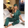 image:imageSWOMOG Womens Silk Satin Pajamas Sets 4pcs Sleepwear Sexy Cami Shorts Set and Button Down Short Sleeve Pjs LoungewearStriped in Deep Green