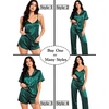 image:imageSWOMOG Womens Silk Satin Pajamas Sets 4pcs Sleepwear Sexy Cami Shorts Set and Button Down Short Sleeve Pjs LoungewearStriped in Deep Green