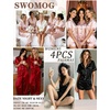image:imageSWOMOG Womens Silk Satin Pajamas Sets 4pcs Sleepwear Sexy Cami Shorts Set and Button Down Short Sleeve Pjs LoungewearStriped in Deep Green
