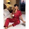image:imageSWOMOG Womens Silk Satin Pajamas Sets 4pcs Sleepwear Sexy Cami Shorts Set and Button Down Short Sleeve Pjs LoungewearStriped in Red