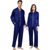 image:imageSWOMOG Couples Satin Pajamas Set 2PCS Pjs Sets Long Sleeve amp Pants Sleepwear Button Down Loungewear with PocketZ  Double Piping  Deep Navy Blue