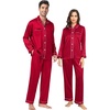image:imageSWOMOG Couples Satin Pajamas Set 2PCS Pjs Sets Long Sleeve amp Pants Sleepwear Button Down Loungewear with PocketZ  Double Piping  Scarlet Red