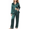 image:imageSWOMOG Womens Silk Satin Pajamas Set Long Sleeve Button Down Sleepwear 2 Piece Lounge Set Pj Set XS3XLStriped in Deep Green