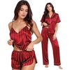 image:imageSWOMOG Womens Silk Satin Pajamas Sets 4pcs Sleepwear Sexy Cami Shorts Set and Button Down Short Sleeve Pjs LoungewearStriped in Red