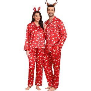 image:imageSWOMOG Couples Satin Pajamas Set 2PCS Pjs Sets Long Sleeve amp Pants Sleepwear Button Down Loungewear with PocketZ  Double Piping  Christmas Red