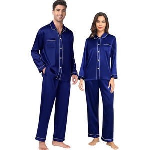 image:imageSWOMOG Couples Satin Pajamas Set 2PCS Pjs Sets Long Sleeve amp Pants Sleepwear Button Down Loungewear with PocketZ  Double Piping  Deep Navy Blue