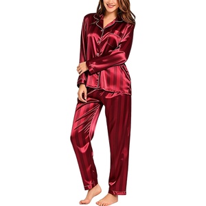 image:imageSWOMOG Long Sleeve Pajamas Set Silk Satin Sleepwear Button Down Pjs Loungewear with PocketRed Stripe