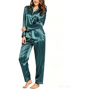 image:imageSWOMOG Long Sleeve Pajamas Set Silk Satin Sleepwear Button Down Pjs Loungewear with PocketStriped in Deep Green