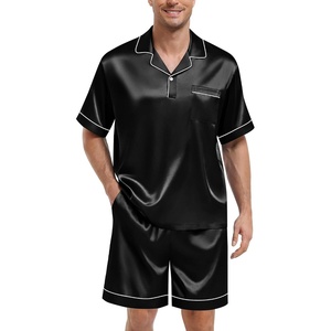 image:imageSWOMOG Mens Silk Satin Pajamas Sets 2 Piece Short Sleeve Loungewear Classic Lapel Soft Sleepwear with PocketsBlack