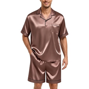 image:imageSWOMOG Mens Silk Satin Pajamas Sets 2 Piece Short Sleeve Loungewear Classic Lapel Soft Sleepwear with PocketsBrown