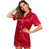 image:imageSWOMOG Womens Silk Satin Pajamas Set Short Sleeve Sleepwear Button Down Top and Shorts Loungewear 2 Piece Pjs Set XS3XLRedd