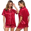 image:imageSWOMOG Womens Silk Satin Pajamas Set Short Sleeve Sleepwear Button Down Top and Shorts Loungewear 2 Piece Pjs Set XS3XLRedd