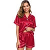 image:imageSWOMOG Womens Silk Satin Pajamas Set Short Sleeve Sleepwear Button Down Top and Shorts Loungewear 2 Piece Pjs Set XS3XLRedd