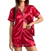image:imageSWOMOG Womens Silk Satin Pajamas Set Short Sleeve Sleepwear Button Down Top and Shorts Loungewear 2 Piece Pjs Set XS3XLRedd