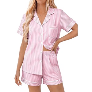 image:imageSWOMOG Women 2 Piece Pajamas Sets Short Sleeve Pj Sets Cute Printed Sleepwear Button Down Shirt with Lounge Shorts SetPink Striped