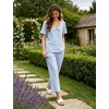image:imageSWOMOG 100 Cotton Women Pajamas Set 2 Piece Short Sleeve Sleepwear Gingham Button Down Lounge Set Soft Ruffle PjsBlue Striped