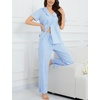 image:imageSWOMOG 100 Cotton Women Pajamas Set 2 Piece Short Sleeve Sleepwear Gingham Button Down Lounge Set Soft Ruffle PjsBlue Striped