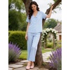 image:imageSWOMOG 100 Cotton Women Pajamas Set 2 Piece Short Sleeve Sleepwear Gingham Button Down Lounge Set Soft Ruffle PjsBlue Striped