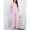 image:imageSWOMOG 100 Cotton Women Pajamas Set 2 Piece Short Sleeve Sleepwear Gingham Button Down Lounge Set Soft Ruffle PjsPink Striped