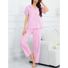 image:imageSWOMOG 100 Cotton Women Pajamas Set 2 Piece Short Sleeve Sleepwear Gingham Button Down Lounge Set Soft Ruffle PjsPink Striped