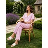 image:imageSWOMOG 100 Cotton Women Pajamas Set 2 Piece Short Sleeve Sleepwear Gingham Button Down Lounge Set Soft Ruffle PjsPink Striped