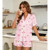 image:imageSWOMOG Woman Pajama Set Short Sleeve Pjs Set 2Pcs Short Pajamas Button Down Ruffle Hem Sleepwear Soft Modal LoungewearPink Rose Floral