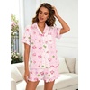 image:imageSWOMOG Woman Pajama Set Short Sleeve Pjs Set 2Pcs Short Pajamas Button Down Ruffle Hem Sleepwear Soft Modal LoungewearPink Rose Floral