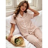image:imageSWOMOG Women 100 Cotton Pajamas Set 2PCS ButtonDown Sleepwear Tops and Pants with Pocket Summer Loungewear SXXLLight Brownwhite Plaid