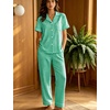 image:imageSWOMOG Women 100 Cotton Pajamas Set 2PCS ButtonDown Sleepwear Tops and Pants with Pocket Summer Loungewear SXXLLight Greenwhite Plaid