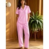 image:imageSWOMOG Women 100 Cotton Pajamas Set 2PCS ButtonDown Sleepwear Tops and Pants with Pocket Summer Loungewear SXXLPinkwhite Plaid