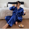 image:imageSWOMOG Womens Plus Size Pajamas Silky Pajama Set Button Down Sleepwear Classic Silk Pj Set Ladies Two Piece Loungewear Set 20W Navy Blue