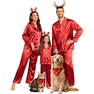 image:imageSWOMOG Family Matching Pajamas Set Silk Satin Button Down Sleepwear Long Sleeve Nightwear 2 Pcs Pj SetPet Red Large