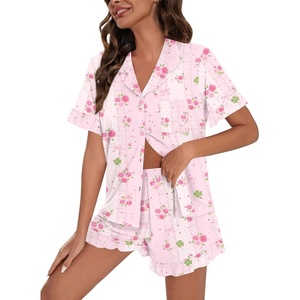 image:imageSWOMOG Woman Pajama Set Short Sleeve Pjs Set 2Pcs Short Pajamas Button Down Ruffle Hem Sleepwear Soft Modal LoungewearPink Rose Floral