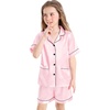 image:imageSWOMOG Girls Pajamas Silk Satin Pajama Set Short Sleeve Button Down Sleepwear Soft Cute PJs Shorts Loungewear Coal Black4Y5Y