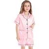 image:imageSWOMOG Girls Pajamas Silk Satin Pajama Set Short Sleeve Button Down Sleepwear Soft Cute PJs Shorts Loungewear Coal Black4Y5Y