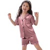 image:imageSWOMOG Kids Satin Pajamas Sets Girls Boys ButtonDown Pjs Short Sleeve Silk Nightwear 2 Piece Lounge Sets Misty Rose