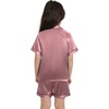 image:imageSWOMOG Kids Satin Pajamas Sets Girls Boys ButtonDown Pjs Short Sleeve Silk Nightwear 2 Piece Lounge Sets Misty Rose