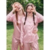 image:imageSWOMOG Long Sleeve Pajamas Set Silk Satin Sleepwear Button Down Pjs Loungewear with PocketStriped in Pink