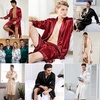 image:imageSWOMOG Mens Satin Robe Silky Kimono Bathrobe with Shorts Set Lightweight Soft Loungewear NightwearRed Stripes