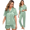 image:imageSWOMOG Womens Silk Satin Pajama Sets 3Pcs Button Down Pj Set Short Sleeve Sleepwear Loungewear Pjs Nightwear XSXXLAvocado Green Large