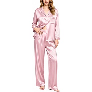 image:imageSWOMOG Long Sleeve Pajamas Set Silk Satin Sleepwear Button Down Pjs Loungewear with PocketStriped in Pink
