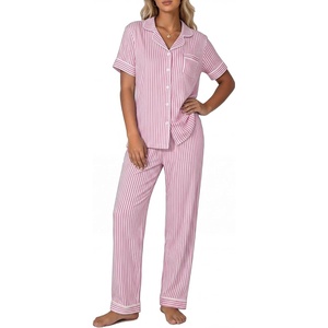 image:imageSWOMOG Womens 2 Piece Pajama Sets Shorts Sleeve Pajamas Cute Pj Set Lounge Matching Pjs Button Shirt with Long PantsPink Striped