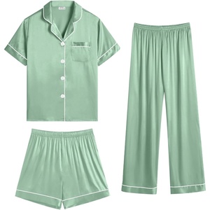 image:imageSWOMOG Womens Silk Satin Pajama Sets 3Pcs Button Down Pj Set Short Sleeve Sleepwear Loungewear Pjs Nightwear XSXXLAvocado Green Large
