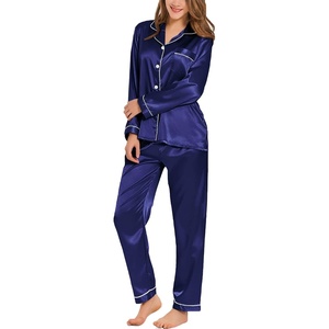 image:imageSWOMOG Womens Silk Satin Pajamas Long Sleeve Loungewear TwoPiece Sleepwear ButtonDown Pj Set Deep Sea Blue