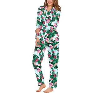 image:imageSWOMOG Womens Silk Satin Pajamas Set Long Sleeve Button Down Sleepwear 2 Piece Lounge Set Pj Set XS3XL Tropical Floral Print Large