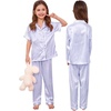 image:imageSWOMOG Kids Satin Pajamas Sets Girls Boys ButtonDown Pjs Short Sleeve Silk Nightwear 2 Piece Lounge SetsLong Sleeveblue Striped
