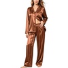 image:imageSWOMOG Womens Silk Satin Pajamas Set Long Sleeve Button Down Sleepwear 2 Piece Lounge Set Pj Set XS3XLBrown Stripe